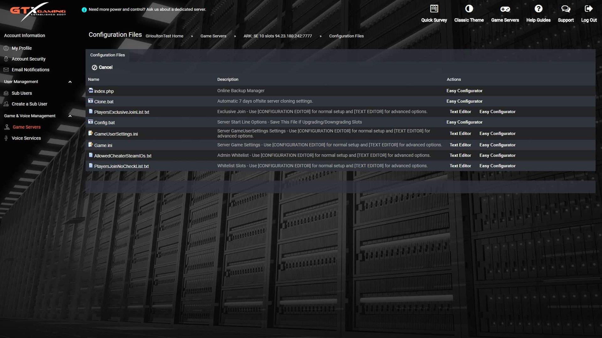 Ark Survival Evolved Control Panel