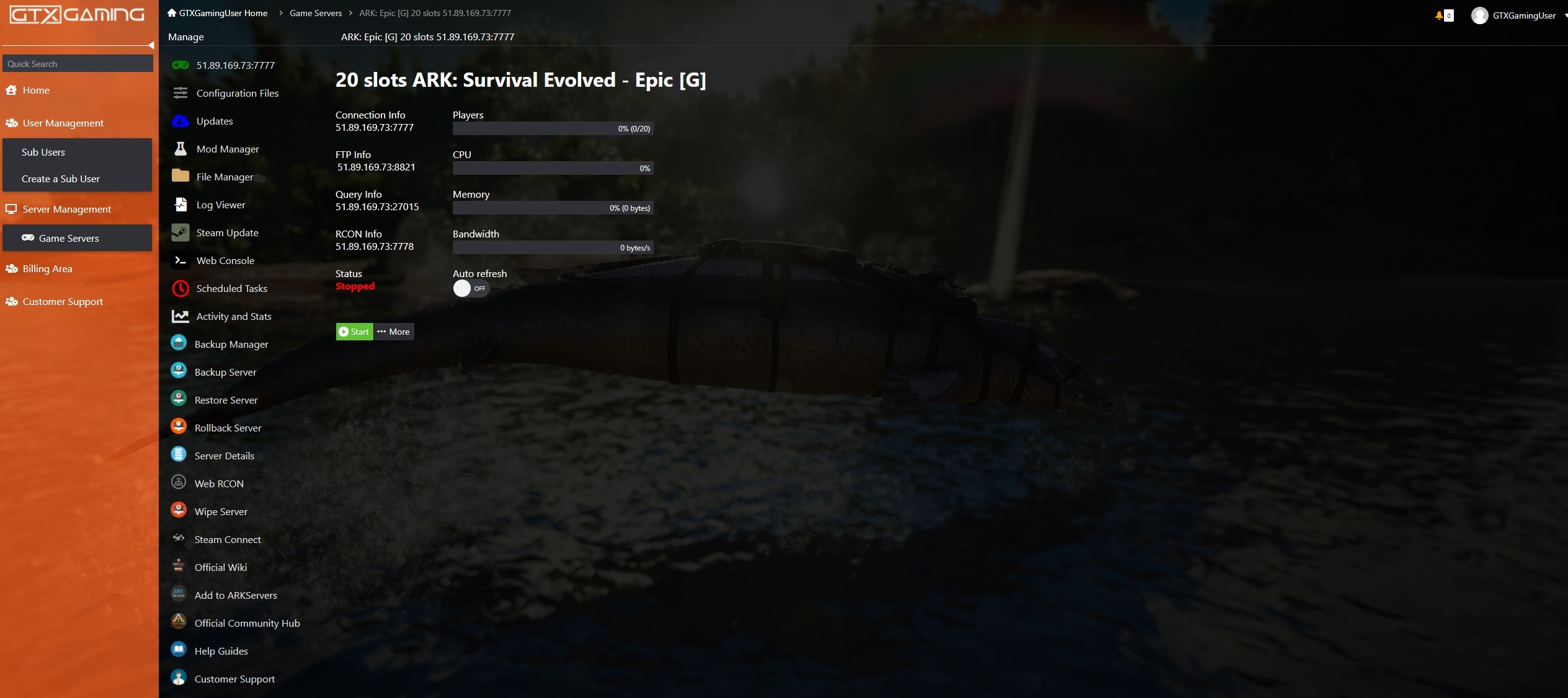 Ark server hosting control panel screenshot 1