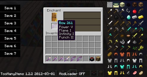 minecraft bow enchanments power v flame i infinity i punch ii