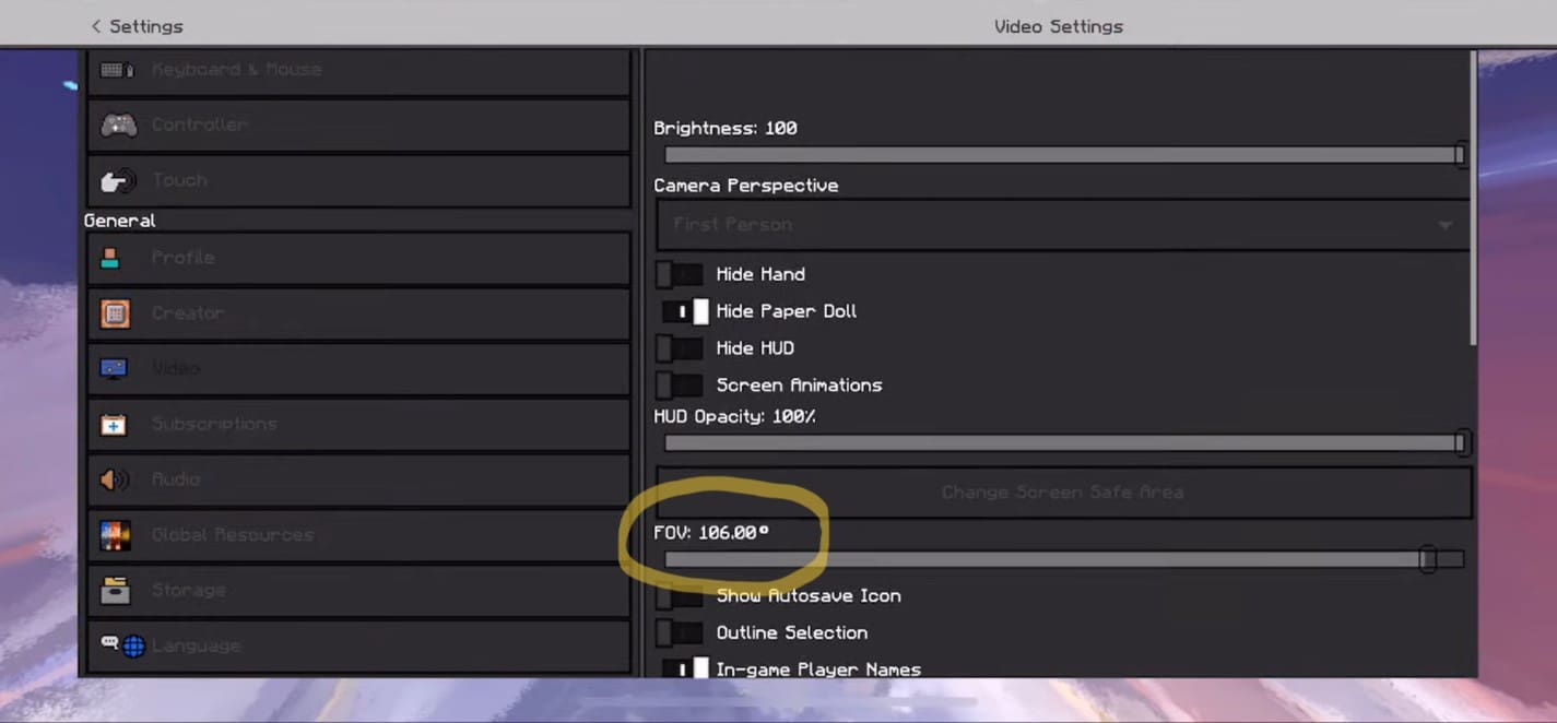 minecraft settings menu with fov at 106