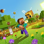 Steve interacting with Bees in Minecraft whilst holding a flower