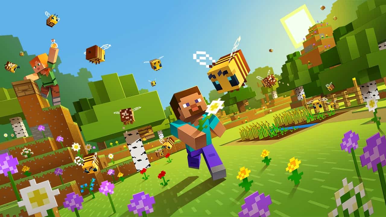 Steve interacting with Bees in Minecraft whilst holding a flower