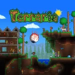 Terraria landscape with logo