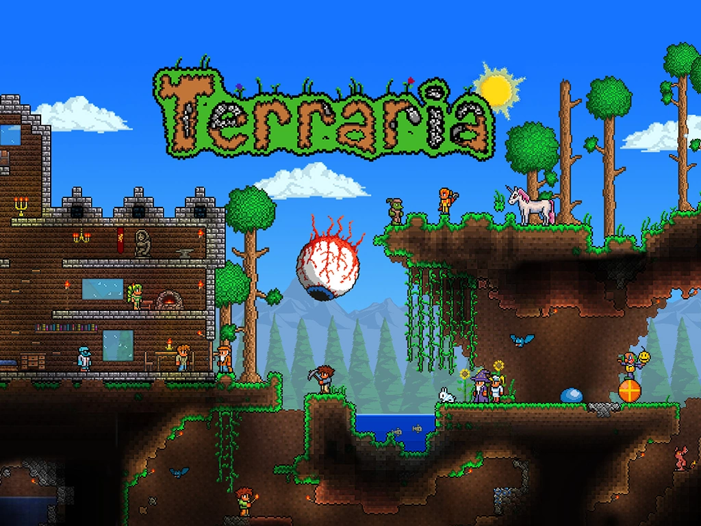 Terraria landscape with logo