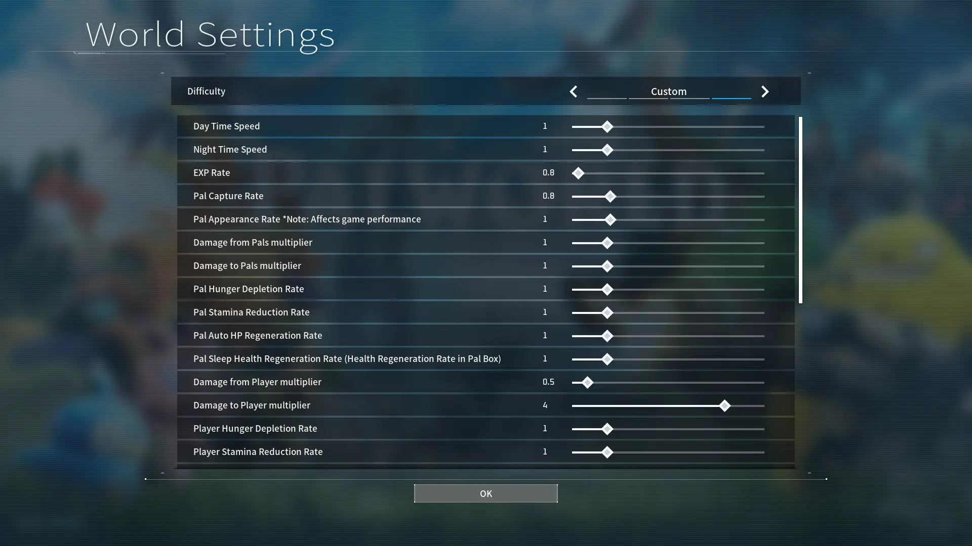 palworld custom world settings difficulty