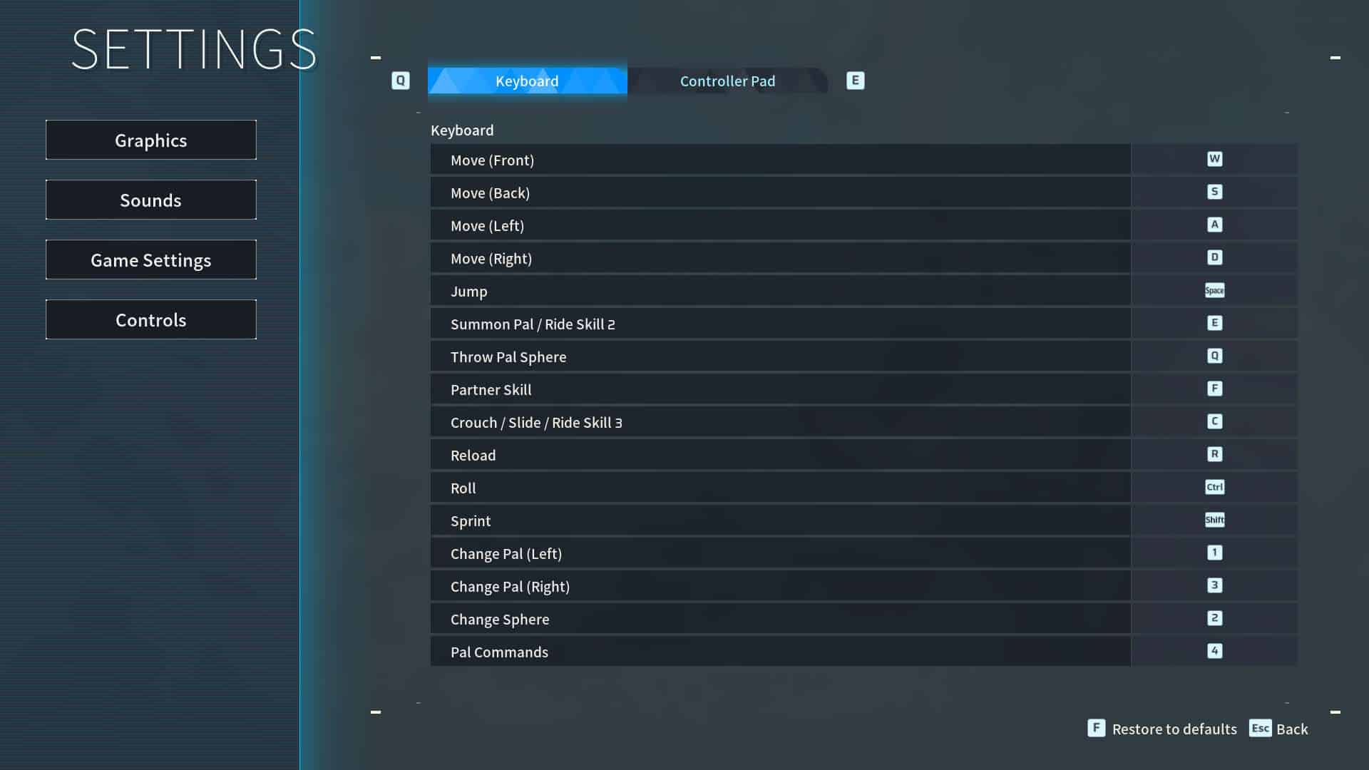 palworld keyboard controls binding