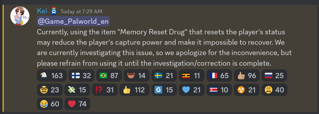 palworld memory reset drug issue