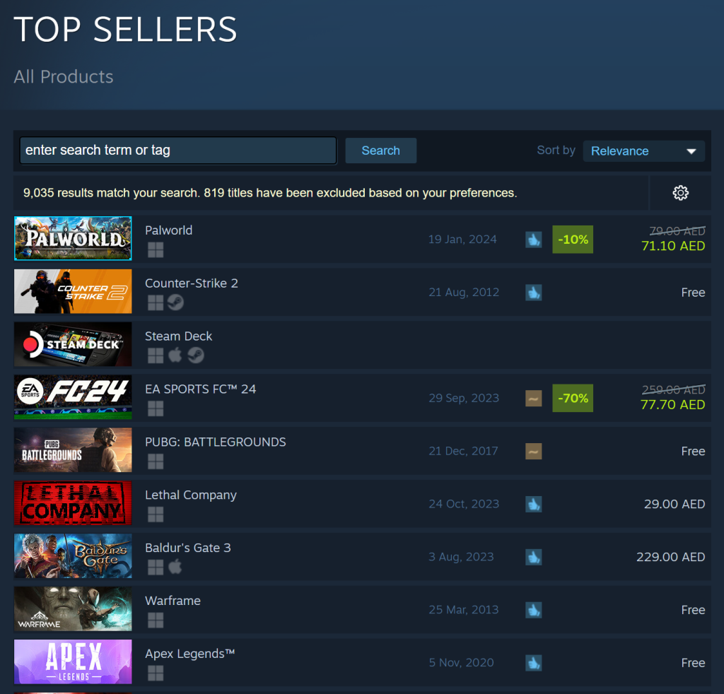palworld top of the Steam seller list