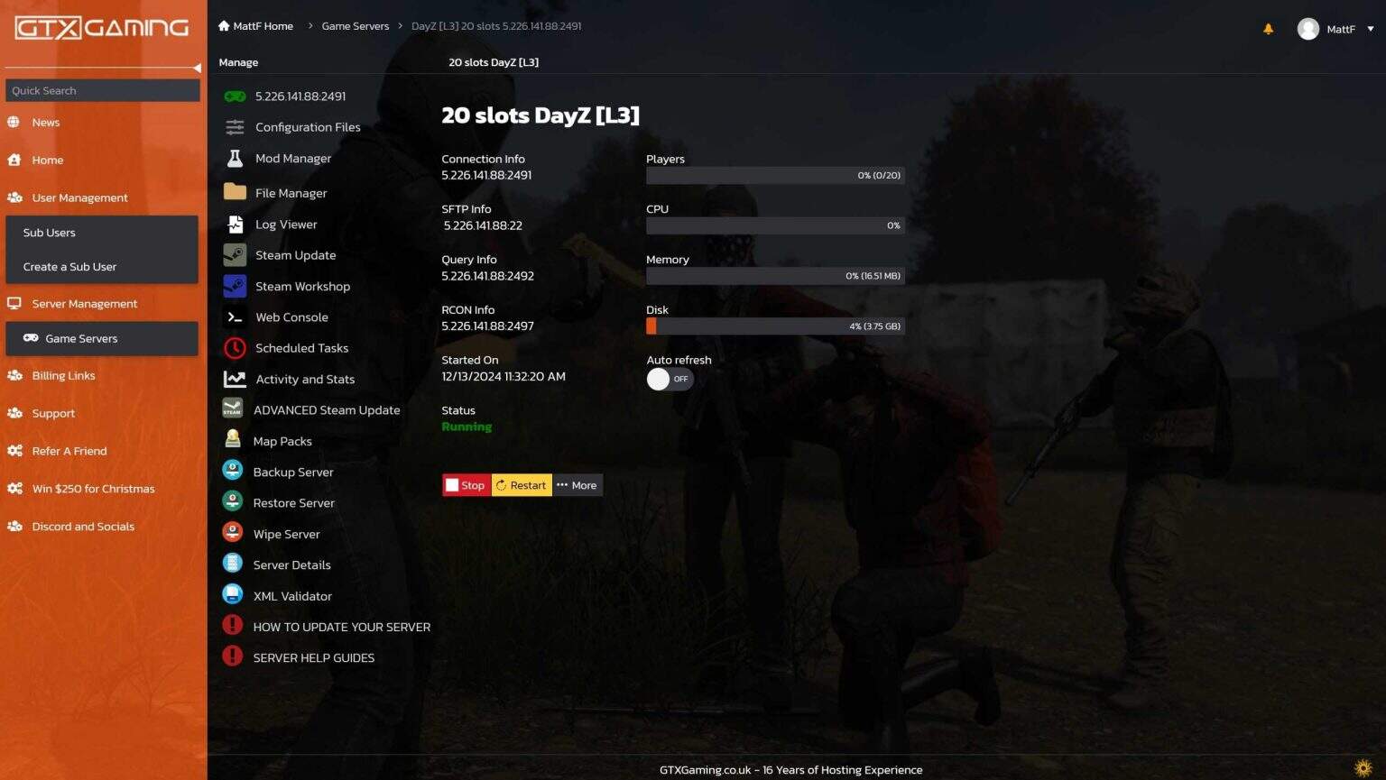 Dedicated Server Game Server Control Panel Screenshot