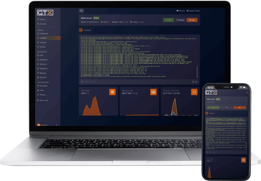 GTX game panel console showing a Forge Minecraft server starting, with CPU, memory and network graphs below