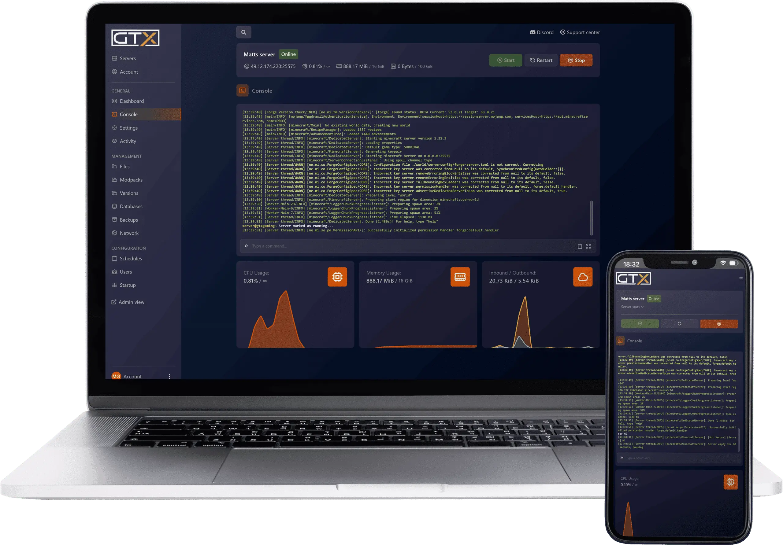 Minecraft server hosting control panel from GTX Gaming showing the server management dashboard on laptop and mobile with one-click modpack installation, server type and version switching, file manager, live console and real-time CPU and memory monitoring