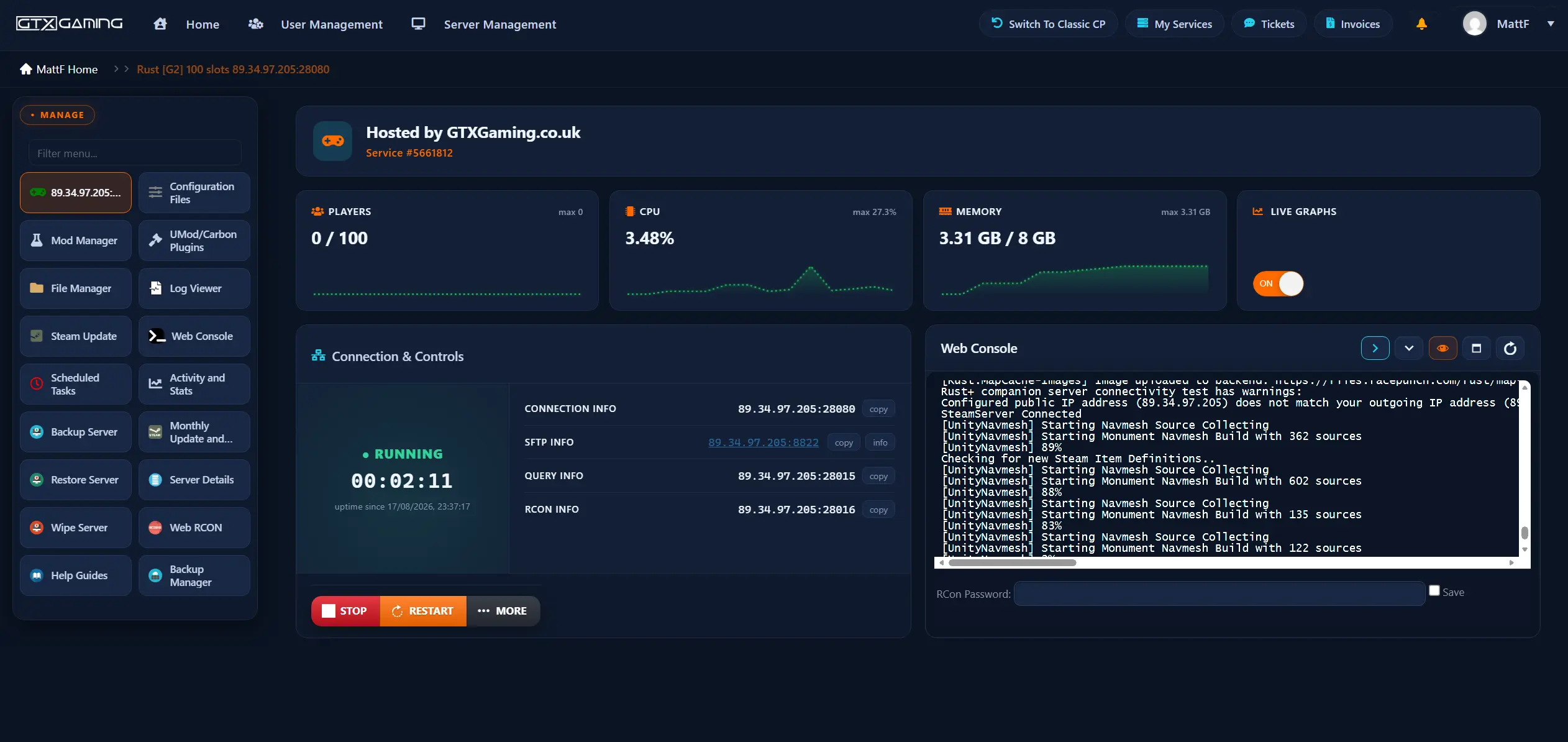 Rust server hosting control panel from GTX Gaming showing a live 100-slot Rust server dashboard with one-click stop and restart controls, player, CPU and memory stats with live graphs, connection, SFTP and RCON details, web console, uMod and Carbon plugin installer, mod manager, wipe server tool, scheduled tasks and backup manager