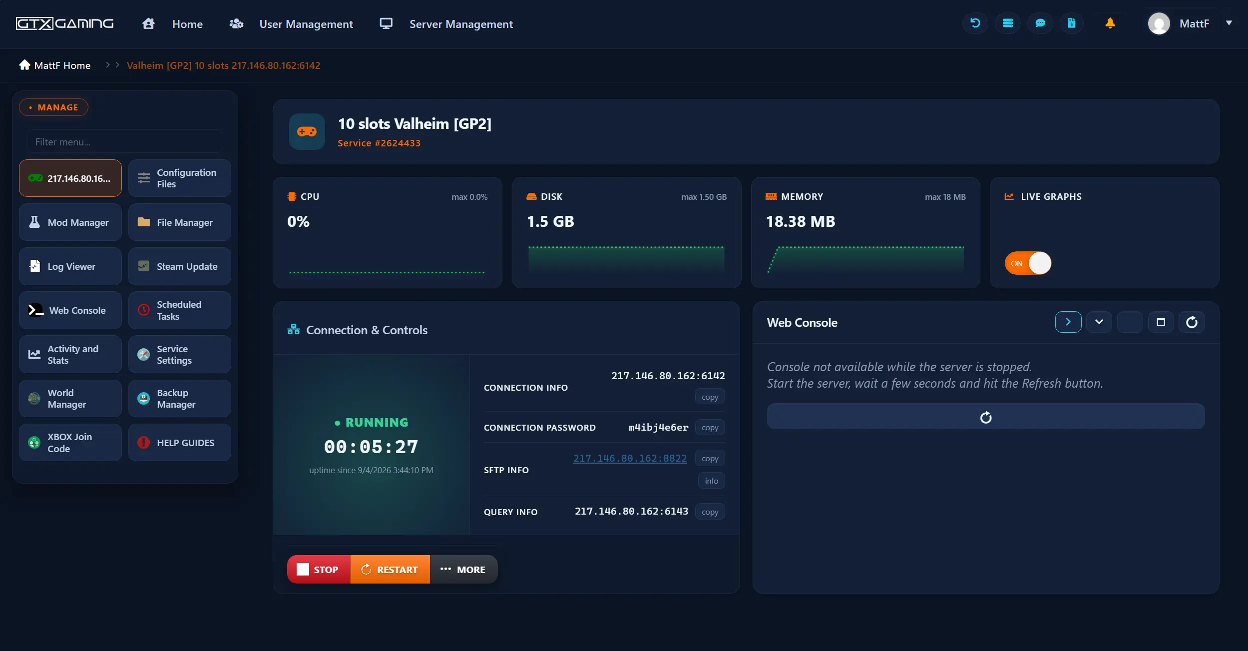 GTX Gaming Valheim server hosting control panel showing a live server with one-click stop and restart, server settings, world and file manager, backup manager, web console and live player, CPU and memory stats