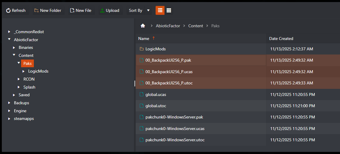 Better Backpacks pak, ucas and utoc files uploaded to the AbioticFactor/Content/Paks folder in File Manager