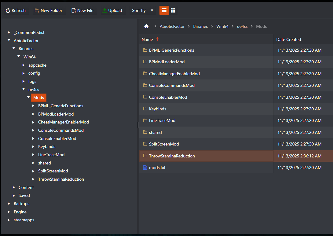 ThrowStaminaReduction UE4SS mod folder uploaded to AbioticFactor/Binaries/Win64/ue4ss/Mods in File Manager