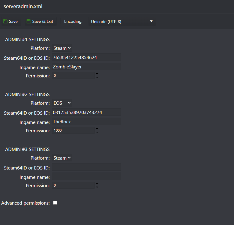 serveradmin.xml in the Config Editor with platform, Steam64ID or EOS ID and player name fields