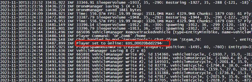 Web Console showing a joining player's EOS ID
