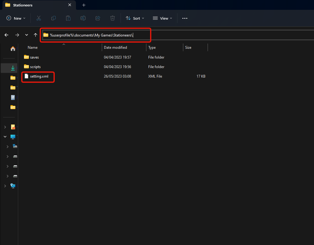 File Explorer address bar with the Stationeers documents folder and the setting.xml file highlighted
