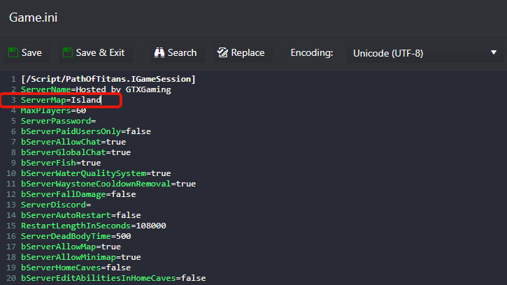 Path of Titans Game.ini in the game panel text editor with ServerMap=Island for the Gondwa map