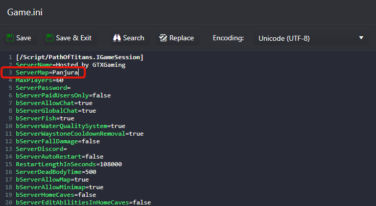 Path of Titans Game.ini in the game panel text editor with ServerMap=Panjura
