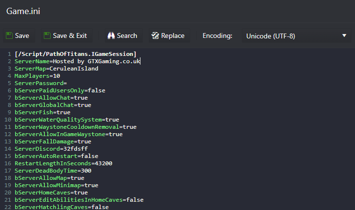 Path of Titans Game.ini in the game panel text editor with ServerMap=CeruleanIsland