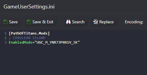 Path of Titans GameUserSettings.ini with the Cerulean Island ModID in the EnabledMods line