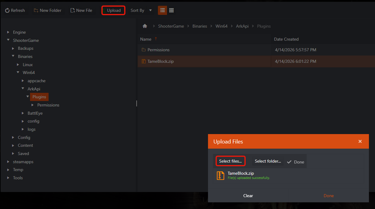 File Manager in the ArkApi Plugins folder with the Upload button and Select files highlighted