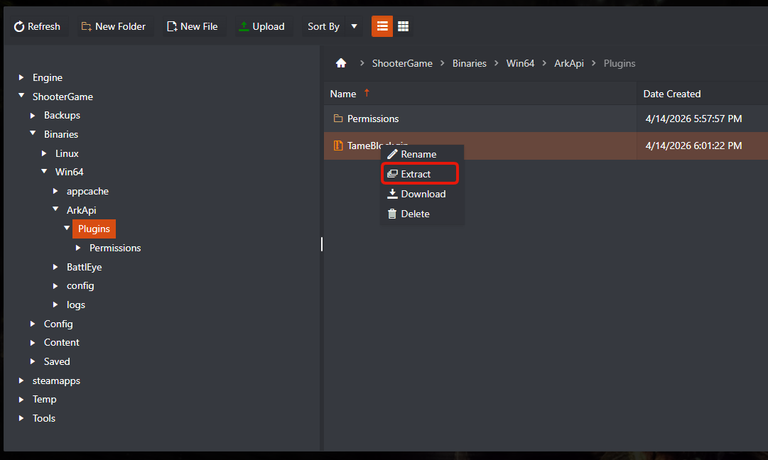 Right-click menu on the uploaded plugin zip in the ArkApi Plugins folder with Extract highlighted