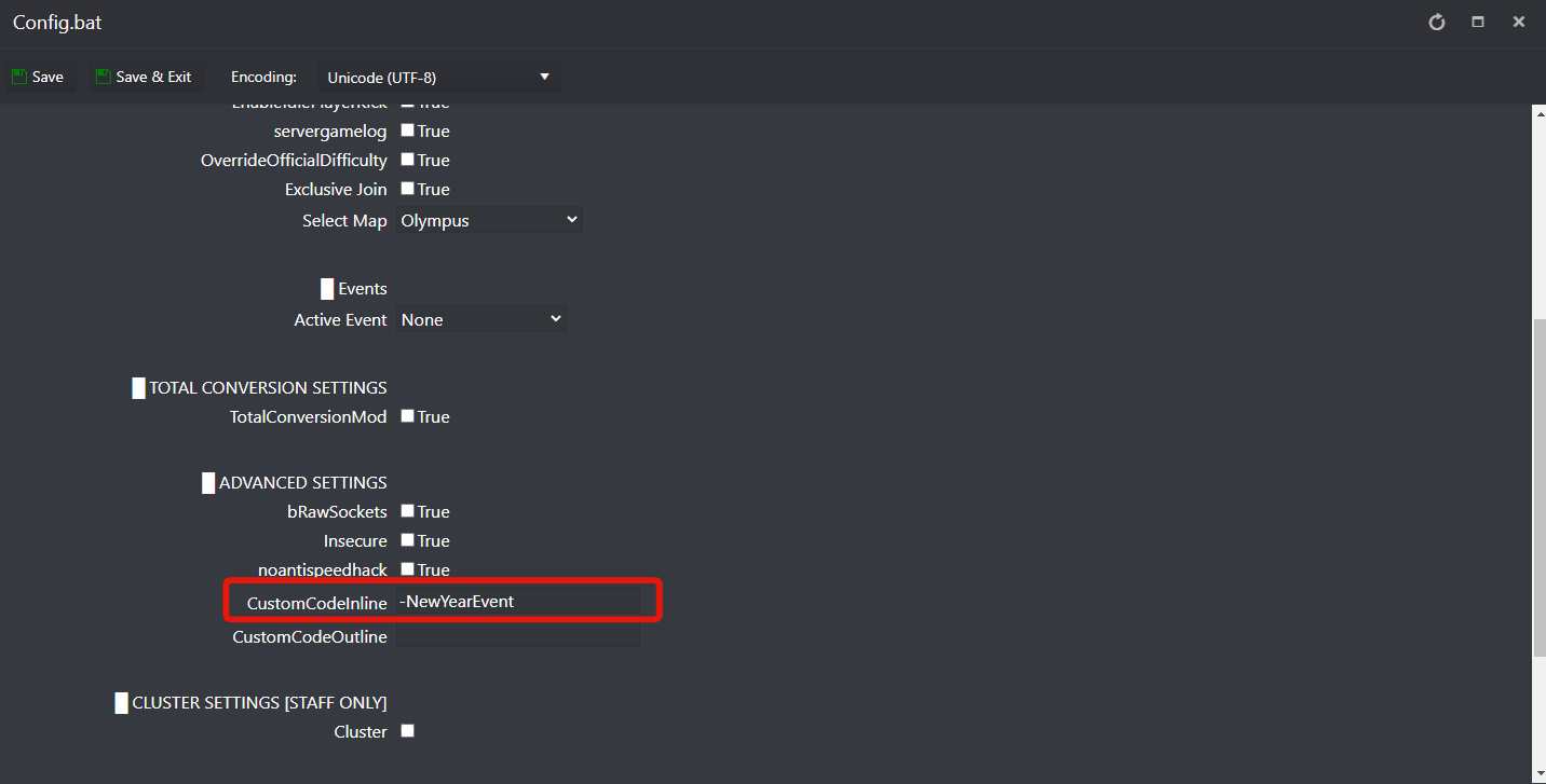 Config.bat ADVANCED SETTINGS with -NewYearEvent in the CustomCodeInline field