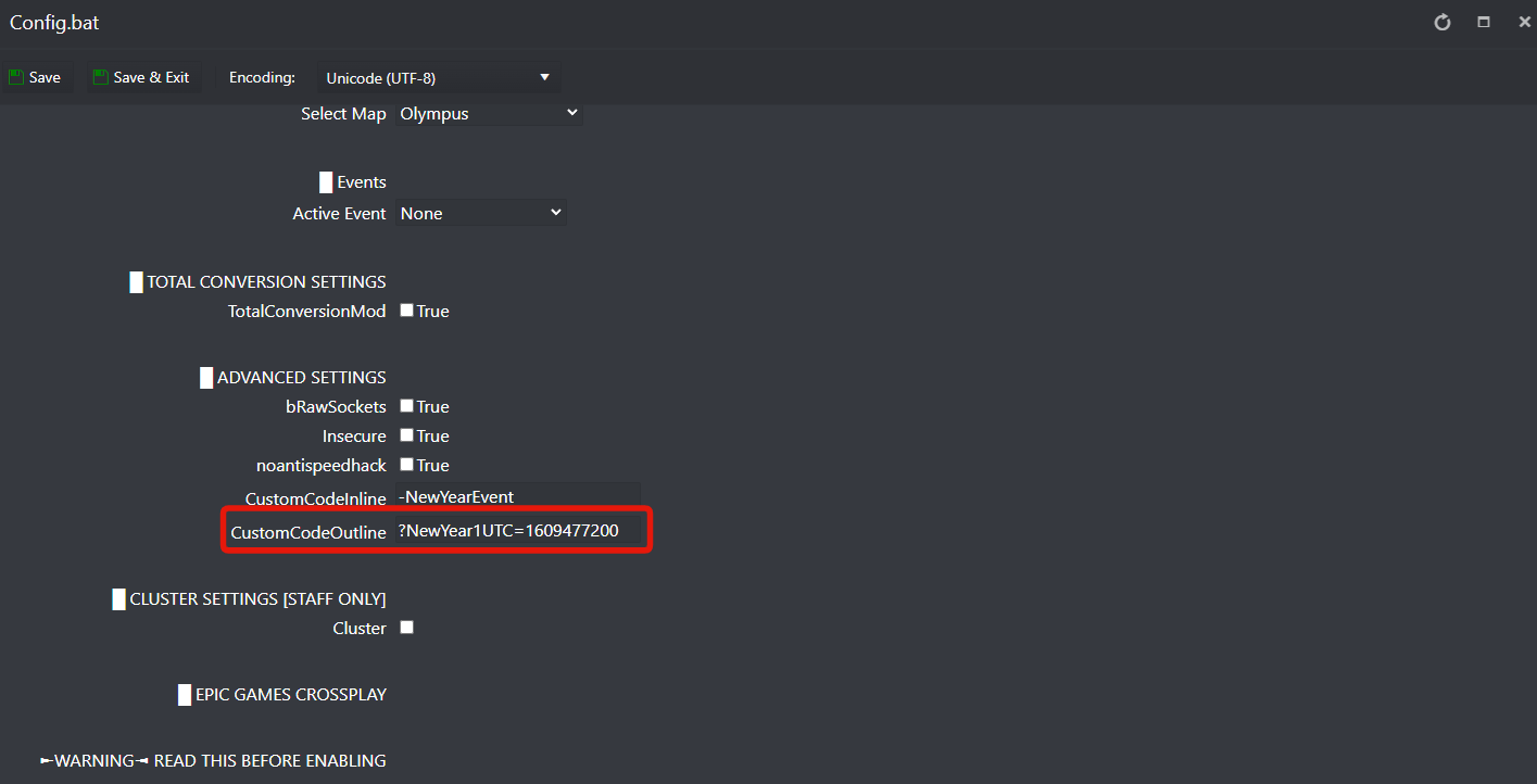 Config.bat with ?NewYear1UTC=1609477200 in the CustomCodeOutline field
