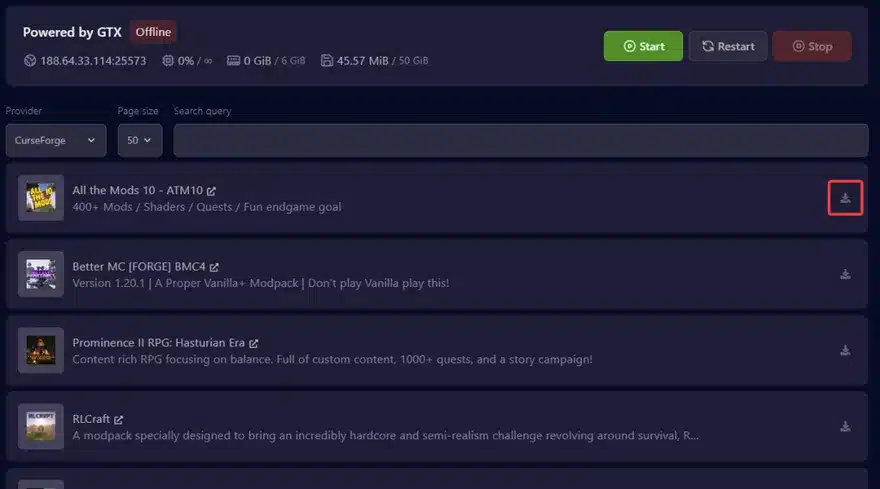 Modpacks page in the GTX Minecraft panel listing CurseForge modpacks such as All the Mods 10, Better MC, Prominence II and RLCraft with install buttons