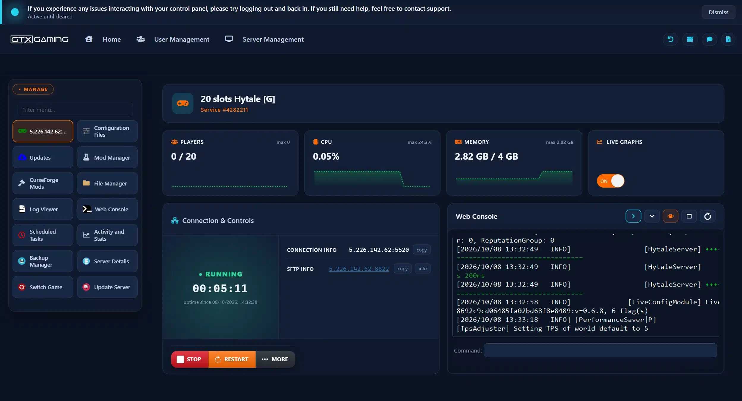 GTX Gaming control panel for a Hytale server: a running server with live player, CPU and memory graphs, the connection and SFTP details, start, stop and restart buttons, the web console and the Configuration Files, Updates, Mod Manager, CurseForge Mods, File Manager, Log Viewer, Scheduled Tasks, Activity and Stats, Backup Manager, Server Details and Update Server menu