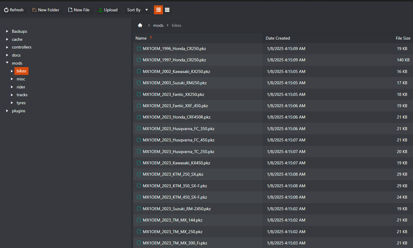 File Manager mods bikes folder with the uploaded MX1OEM pkz bike files