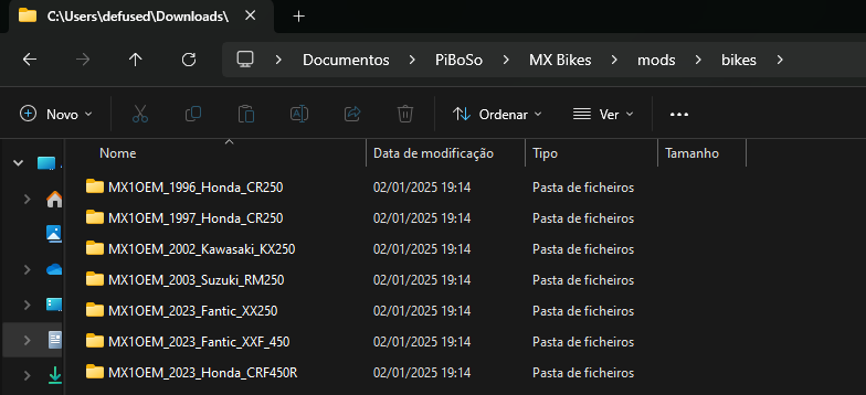 OEM bike folders copied into Documents PiBoSo MX Bikes mods bikes on the PC