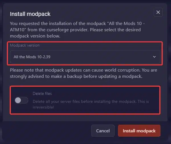 Install modpack window in the GTX game panel with the modpack version drop-down and the Delete files switch