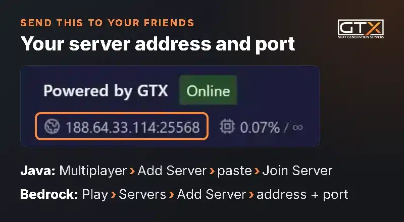 Top of the GTX game panel showing an online Minecraft server address and port, with the Java and Bedrock Add Server steps