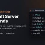 Minecraft server commands guide card with a server console showing op, whitelist, kick, ban and gamerule commands