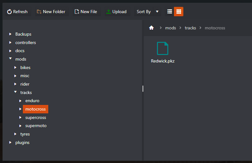 Redwick.pkz uploaded to the mods tracks motocross folder in File Manager