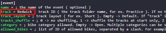 track = Redwick set in the event section of dedicated.ini