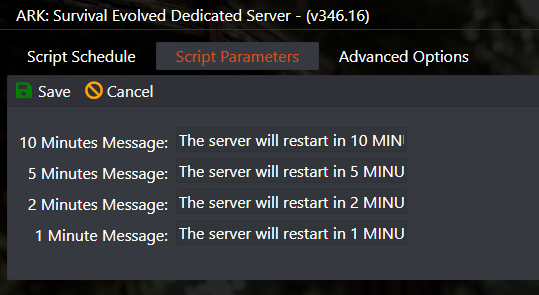 Script Parameters tab with the predefined 10, 5, 2 and 1 minute ARK restart warning messages