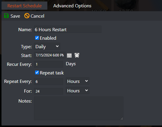 Valheim scheduled task named 6 Hours Restart, daily, repeat every 6 hours for 24 hours