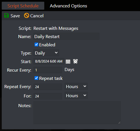 Project Zomboid scheduled task Restart with Messages named Daily Restart, recurring every 1 day and repeating every 24 hours for 24 hours