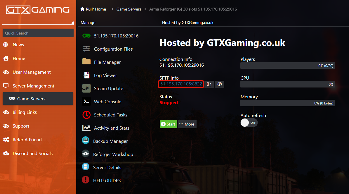 SFTP Info address link in the GTX game panel