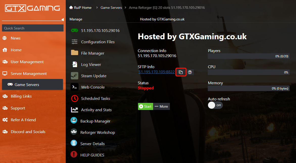 Copy button next to the connection address in the game panel