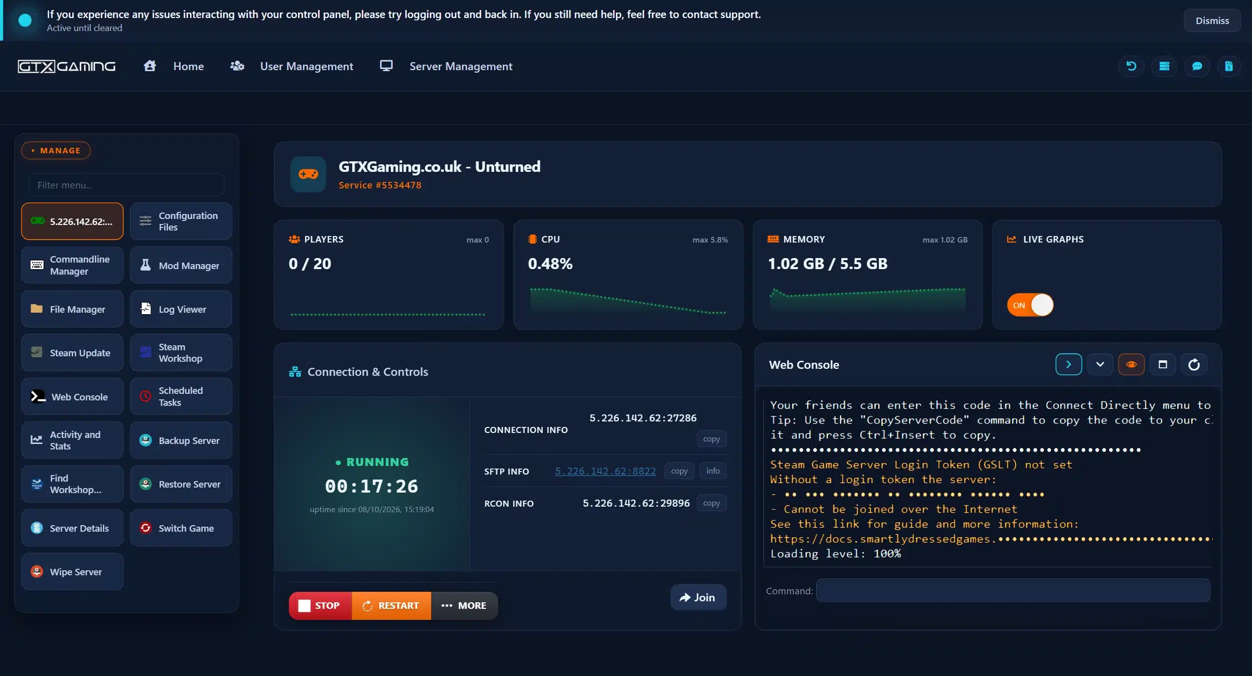 GTX Gaming Unturned server hosting control panel showing an Unturned server with Configuration Files, Mod Manager, Steam Workshop, File Manager, Web Console, Backup Server, Find Workshop Map Name and live player, CPU and memory graphs